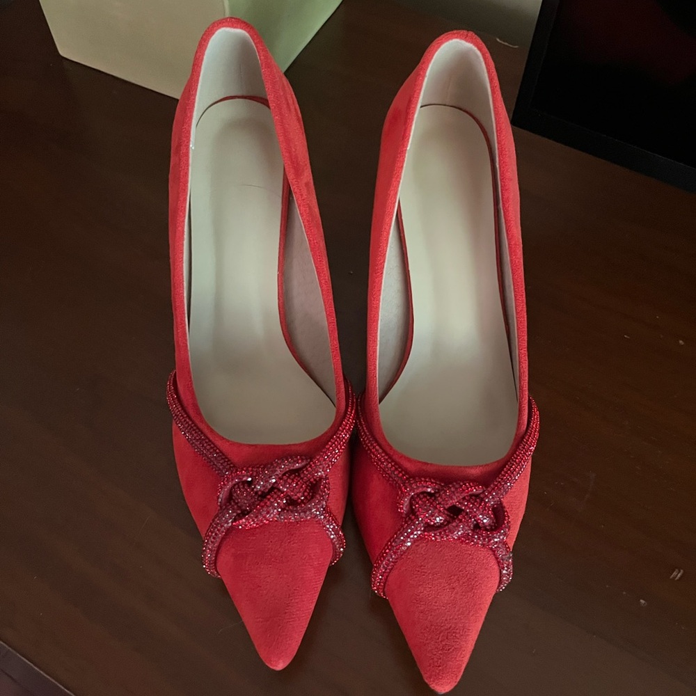 Red Kitten Heel with Beaded Embellishment: Never Worn
